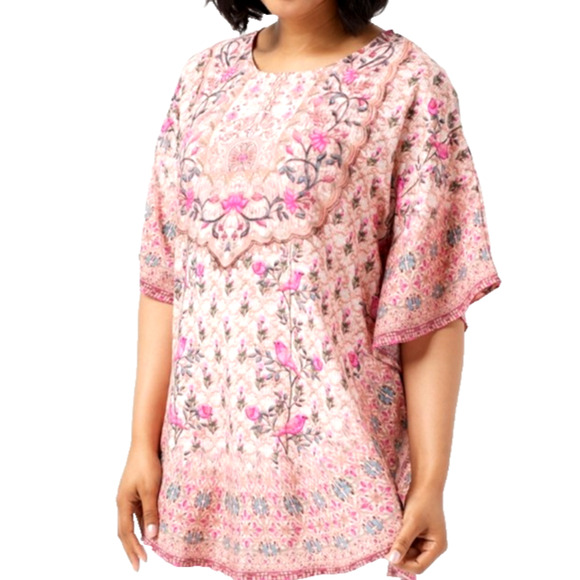 Tolani Whimsical Pink Bird Floral Boho Cottage Peasant Prairie Dainty Flowy Top - Picture 1 of 11